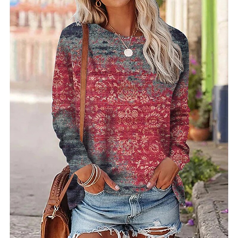 Women's T shirt Long Sleeve Crew Neck Long Sleeve Tunic Graphic Vintage Ethnic Round Neck Regular Tops Daily Weekend Print Red Blue Purple Orange Green Fall & Winter Prefall3