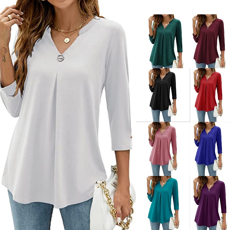 Women's Shirt Blouse Tunic Black White Pink Plain Flowing tunic 3/4 Length Sleeve Daily Weekend Streetwear Casual V Neck Regular S2