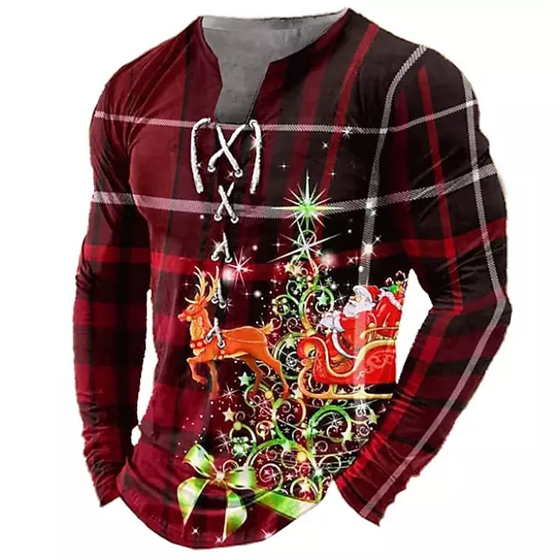 Christmas Men's Christmas Scene Henley T Shirt Graphic Tee Santa Claus Plaid Check Collar Red 3D Print Outdoor Long Sleeve Lace Up Clothing Cotton