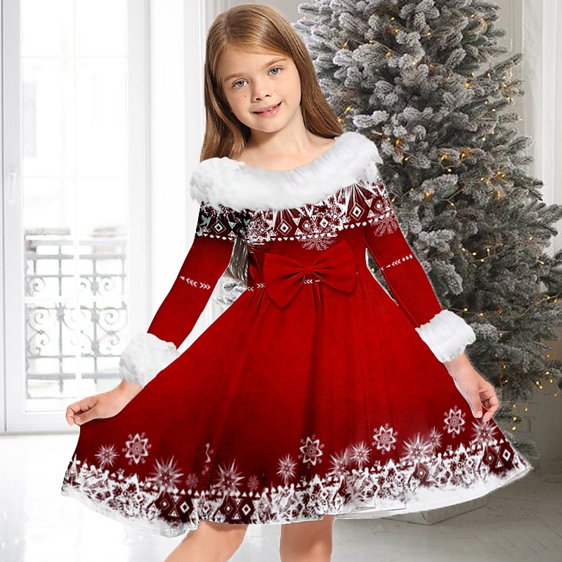 Kids Girls' Christmas Dress Dress Snowflake Dress Snowflake Long Sleeve Casual Fur Trim Crewneck Adorable Daily Polyester Above Knee Casual Dress Swing Dress A Line Dress Fall Winter 2-13 Years4