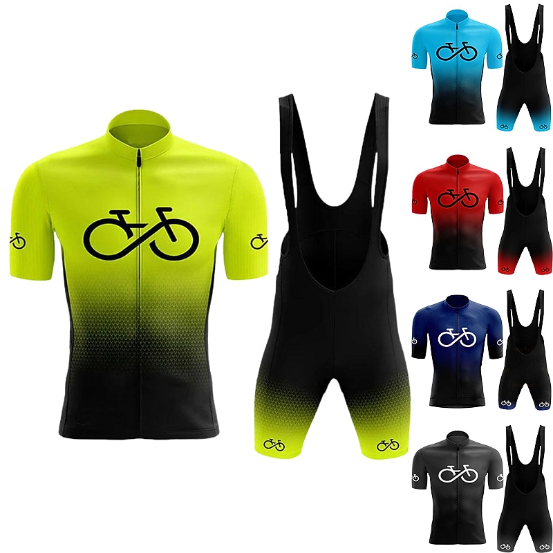 Men's Cycling Jersey with Bib Shorts Short Sleeve Mountain Bike MTB Road Bike Cycling Black Red Blue Graphic Gradient Bike Clothing Suit 3D Pad Breathable Quick Dry Back Pocket Polyester Spandex