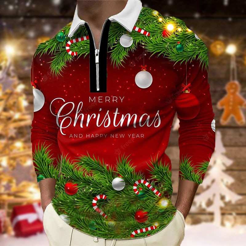 Christmas Men's Funny Christmas 3D Zipper Polo Golf Letter Graphic Prints Turndown White Wine Red Green 3D Print Street Long Sleeve Print Zipper Clothing Apparel Fashion Designer Casual Soft