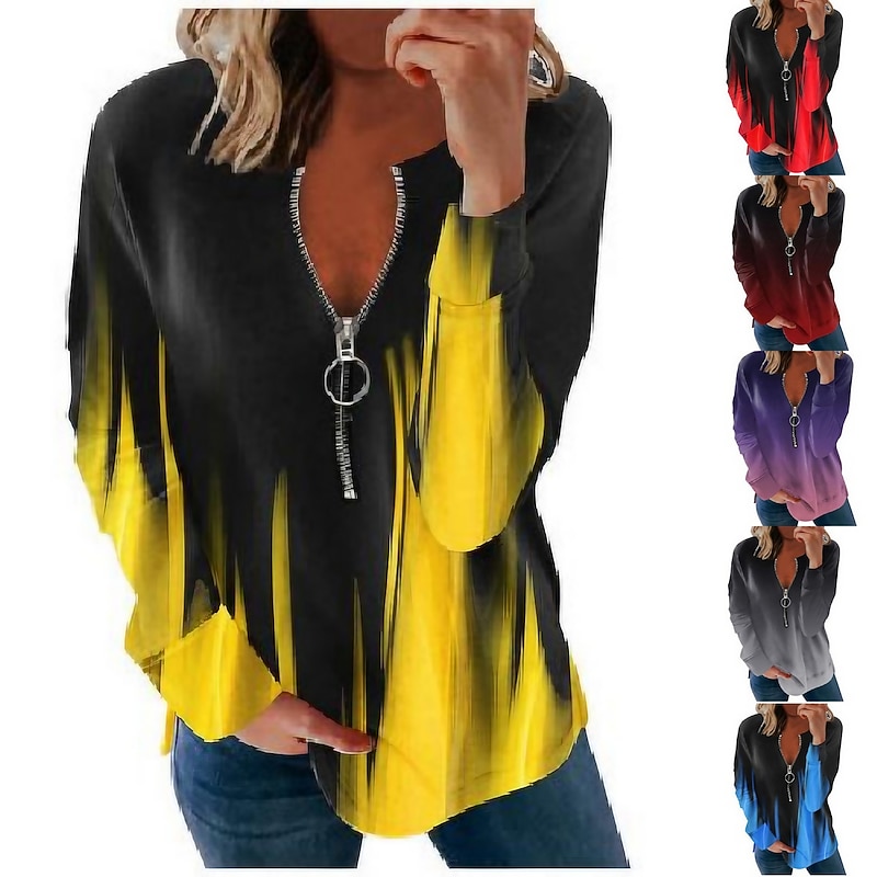 Women's Quarter Zipper Sweater Hoodie Graphic Color Gradient Printing Streetwear Basic Long Sleeve Round Neck Crewneck Daily Sports Gradient red Gradient blue Gradient wine red Gradient Purple