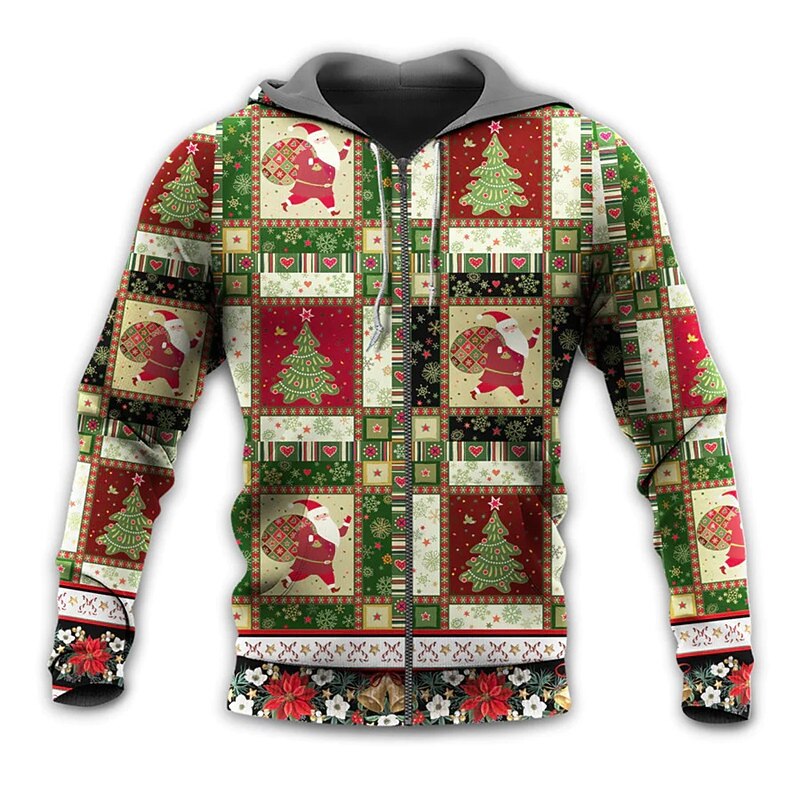 Christmas Men's Christmas Scene 3D Hoodies Graphic Full Zip Jacket Red Green Hooded Santa Claus Prints Ugly Cotton2