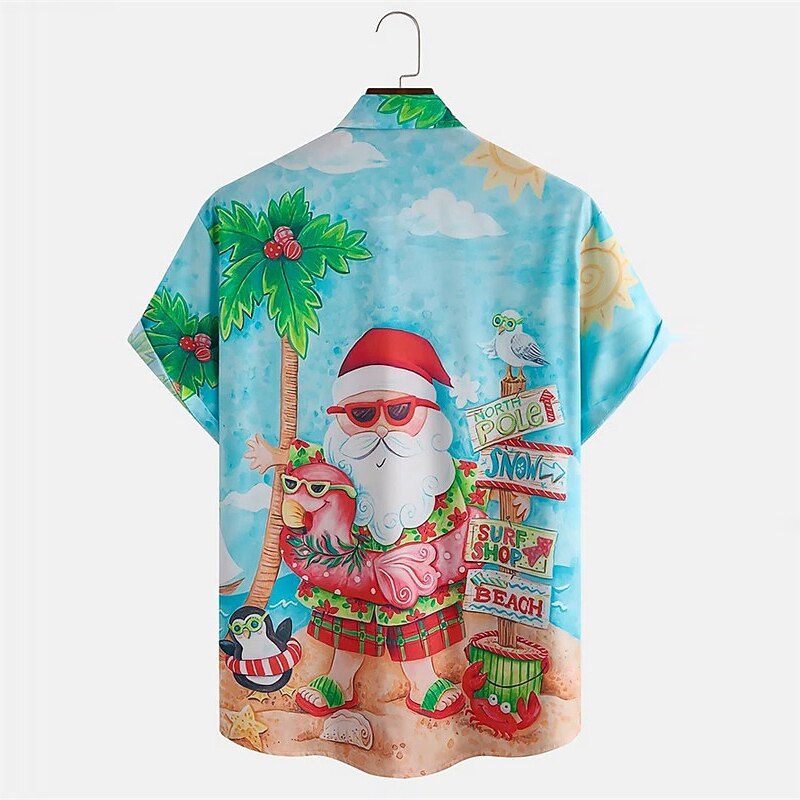 Christmas Men's Santa Claus Hawaiian Shirt Santa'S Hawaiian Graphic | Outdoor Blue Cotton | The Beach | Shirts Aloha Claus Prints Turndown 3D Short Sleeves Button Clothing3