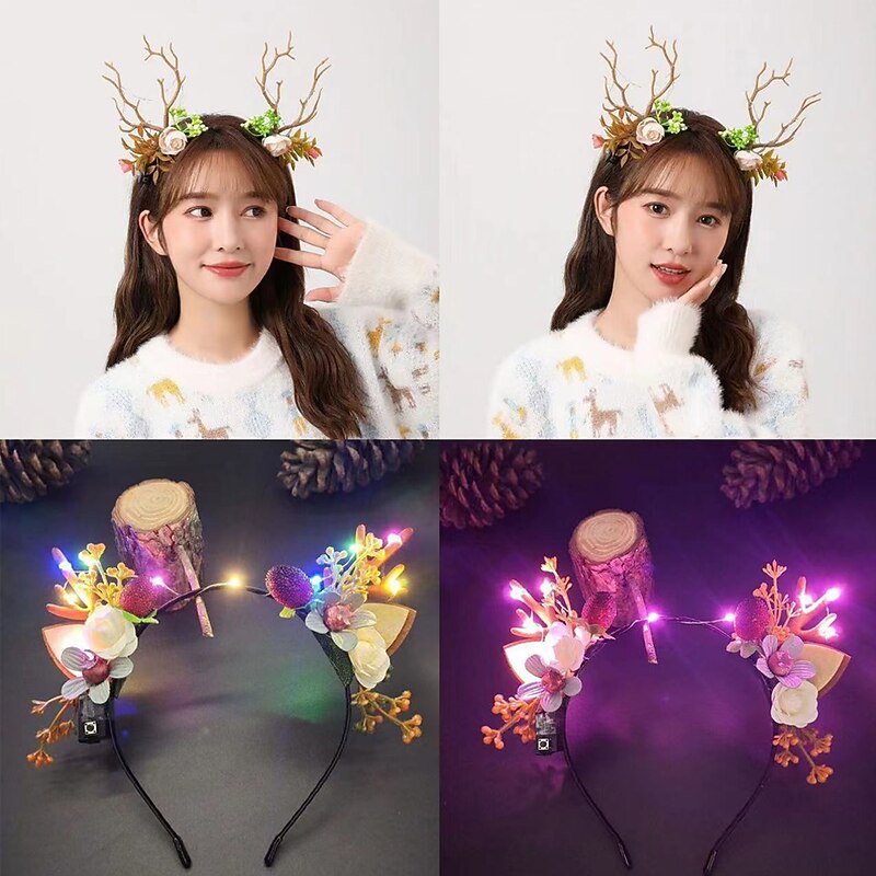 Christmas Headbands LED Light Up Reindeer Antlers Hair Hoops Flower Berries Hair Band Glowing Hair Accessories for Christmas Party Costume
