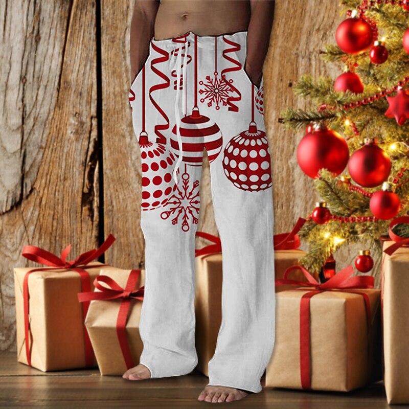 Christmas Men's Lanterns Pants Trousers Drawstring Elastic Waist Casual Party Evening Wear Christmas Party Beach Wear Straight Leg Trousers 3D Print White Blue Green