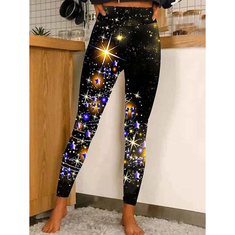 Women's Christmas Leggings Stretchy Twinkle Star Moisture Wicking Yoga Fitness Tennis Tights Stretchy Spandex Winter Sports Activewear Cropped Leggings