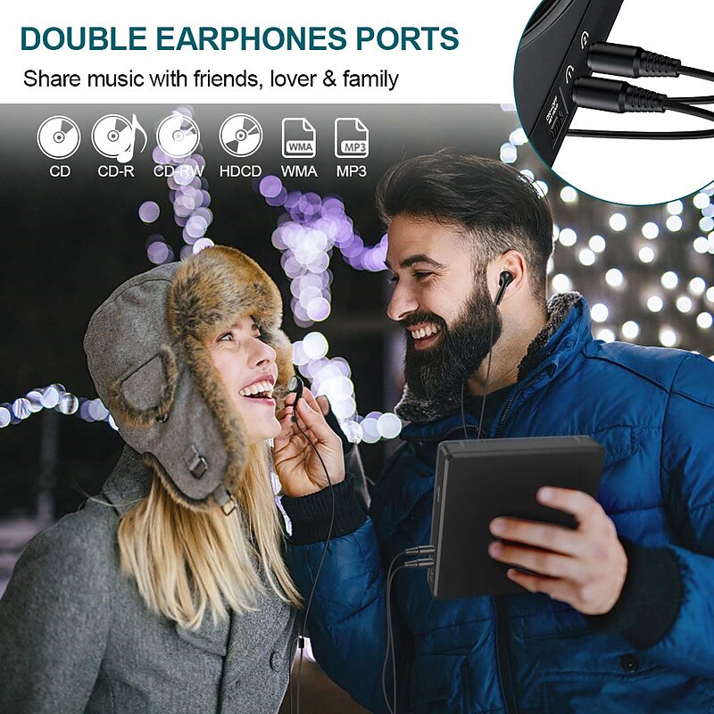 Portable CD Player with Rechargeable 1800mAh Battery, Anti-Skip, Dual Headphone Jacks, Touch Buttons, AUX Cable2