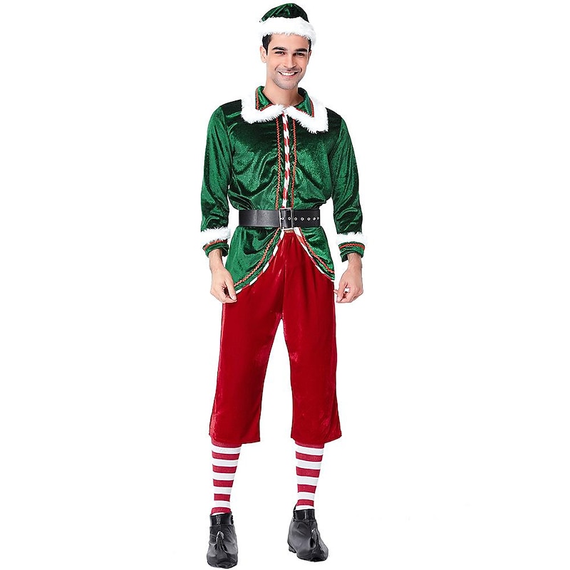Santa Claus Elf Outfits Men's Christmas Cosplay Costume Adults' Christmas Christmas Eve Christmas Party Top Pants Belt Socks Hat2