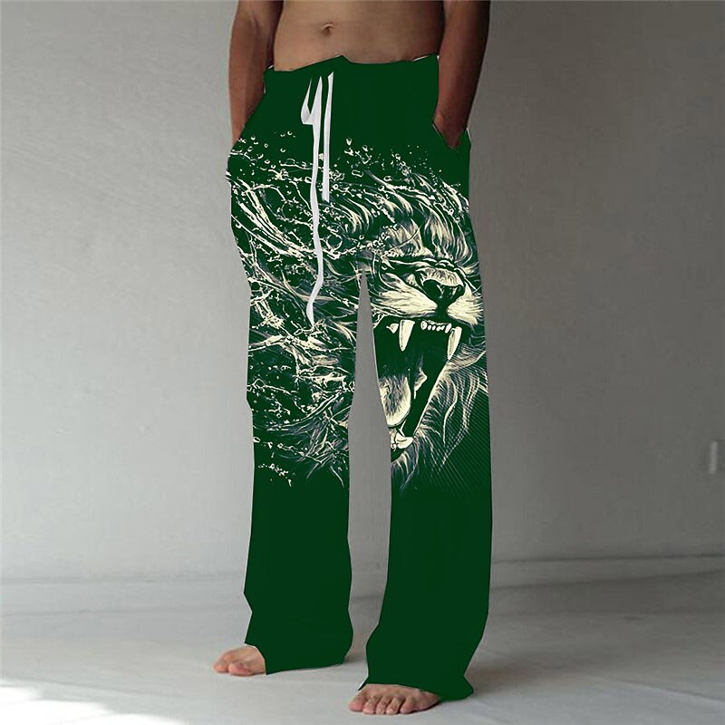 Men's Trousers Summer Pants Beach Pants Elastic Drawstring Design Front Pocket Straight Leg Animal Lion Graphic Prints Comfort Soft Casual Daily Fashion Designer Black Green3