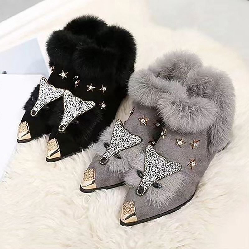 Women's Grey Fur-Trimmed Pointed-Toe Ankle Boots – Rhinestone Fox and Star Embellishments with Chunky Heels3