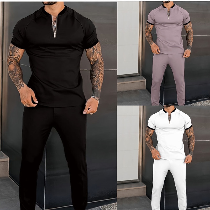 Men's T-shirt Suits Tracksuit Tennis Shirt Shorts and T Shirt Set Short Sleeve Henley Spring &  Fall Plain Sports Designer Classic 2 Piece Outdoor Street Daily Black White Dusty Rose Top Tee for Men