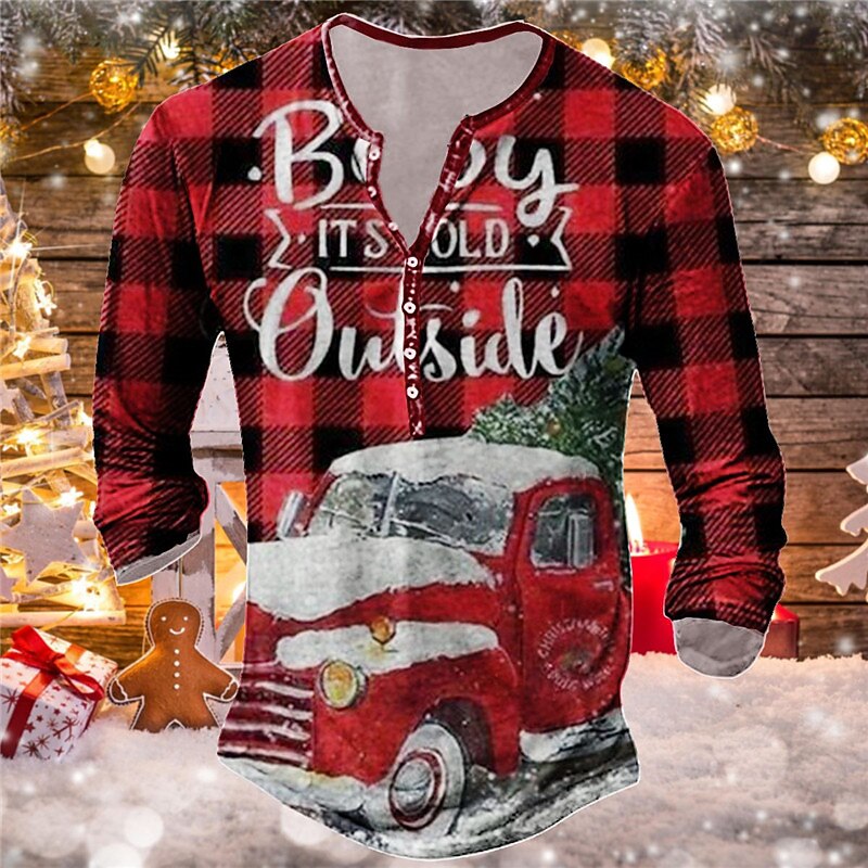 Christmas Men's Christmas Scene Henley T Shirt Tee Henley Tee Graphic Car Plaid / Check Henley Red Blue Green 3D Print Outdoor Long Sleeve Button-Down Print Clothing Apparel Designer Basic Classic