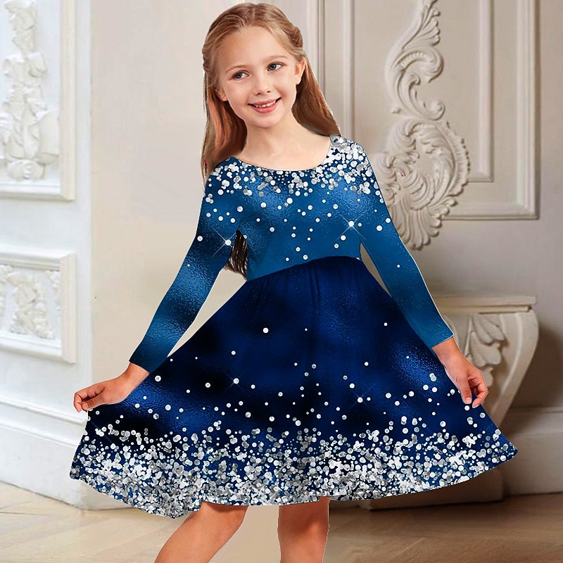 Kids Girls' Dress Gradient Long Sleeve Casual Crewneck Adorable Daily Polyester Above Knee Casual Dress Swing Dress A Line Dress Fall Winter 3-10 Years Blue Purple