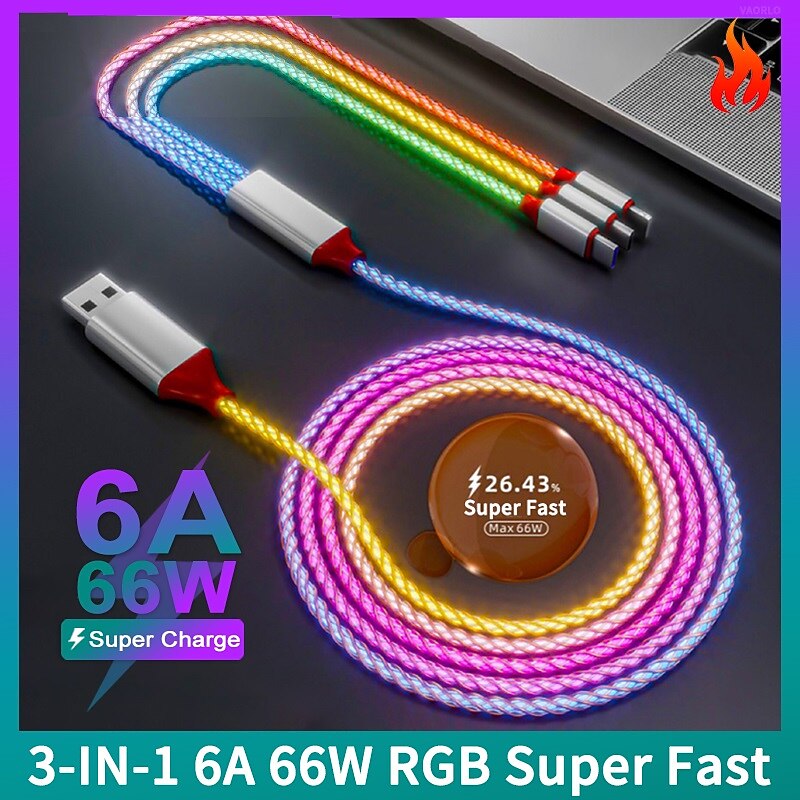 3-IN-1 6A 66W RGB Super Fast Charging Cable Type-C Micro USB Charger Cable Flow Cool Colorful Glow Data Line For iPhone Android