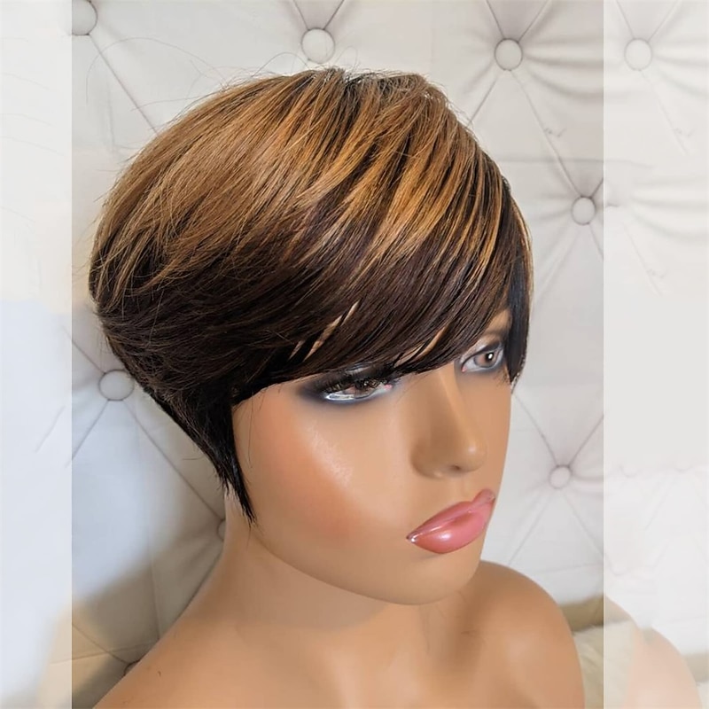Pixie Cut Wigs for Black Women Hair Brazilian Hair Short Layered Pixie Wigs with Bangs for Women Glueless Wig African American Full Machine Made Wig