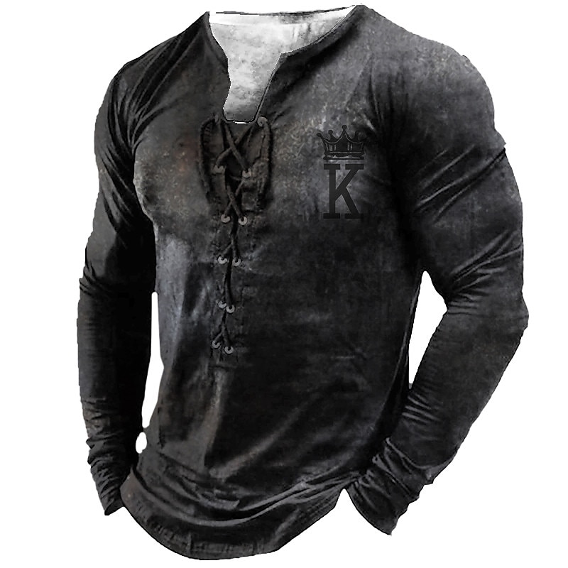 Men's T shirt Tee Tee Graphic Templar Cross Henley Black Light Brown Brown Dark Gray 3D Print Knight Plus Size Outdoor Street Long Sleeve Lace up Print Clothing Apparel Designer Stylish Vintage Basic4