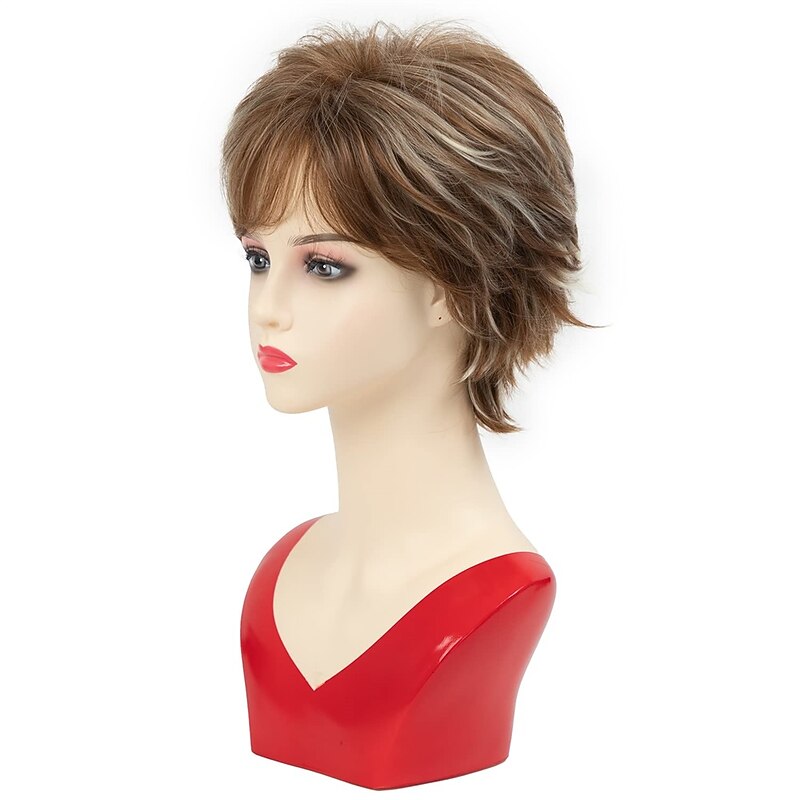 Short Brown Curly Wigs with Blonde Highlight Brown Pixie cut Wavy Wigs for White Women Layered Synthetic Full Wigs for Daily Party4