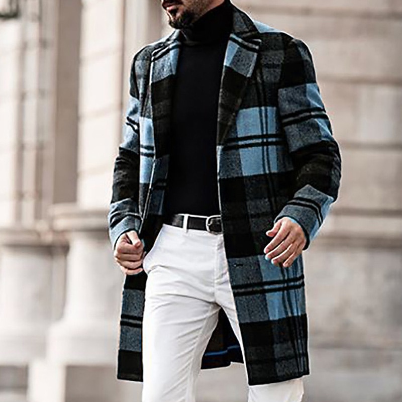 Men's Winter Coat Overcoat Coat Sports & Outdoor Daily Wear Warm Breathable Pocket Print Fall & Winter Plaid Fashion Business Turndown Long Regular Fit Yellow Blue Purple Brown Green Jacket4