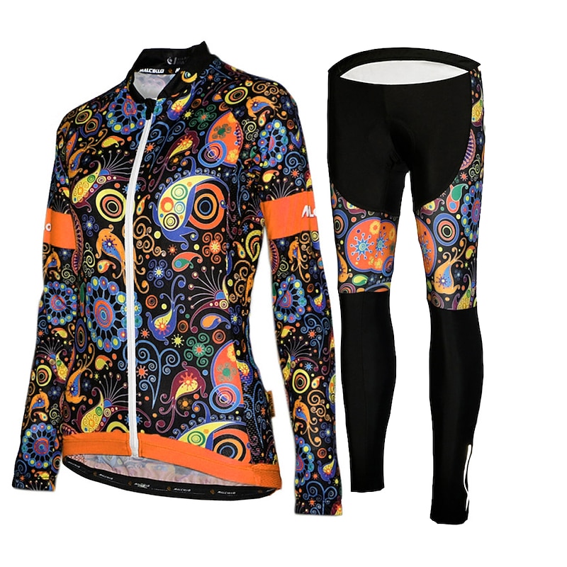 Women's Long Sleeve Cycling Jersey with Tights Winter Mesh Lycra Polyester Green Black Purple Floral Botanical Funny Bike Jersey Tights UV Resistant 3D Pad Breathable Quick Dry Reflective Strips3
