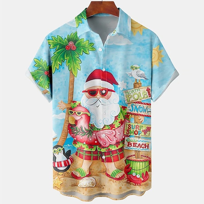 Christmas Men's Santa Claus Hawaiian Shirt Santa'S Hawaiian Graphic | Outdoor Blue Cotton | The Beach | Shirts Aloha Claus Prints Turndown 3D Short Sleeves Button Clothing
