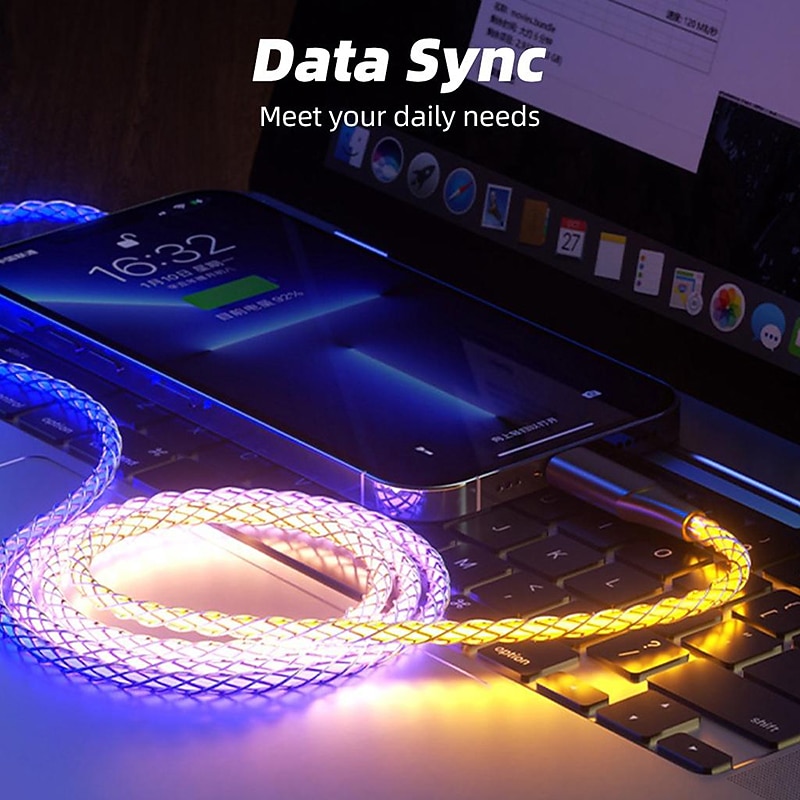3-IN-1 6A 66W RGB Super Fast Charging Cable Type-C Micro USB Charger Cable Flow Cool Colorful Glow Data Line For iPhone Android4