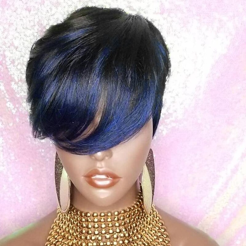 Pixie Cut Wig with Bangs Human Hair 1B / Blue 9A Brazilian Human Hair Wigs Glueless Short Straight Brazilian Ombre Wigs American African No Lace Front Human Hair Wigs2