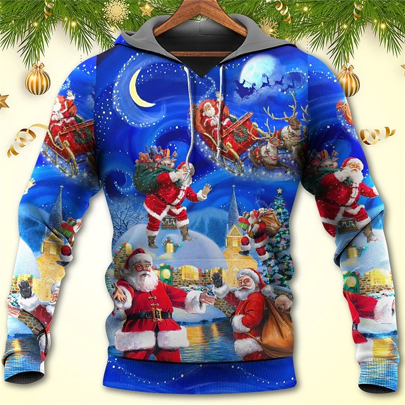 Christmas Men's Santa Claus 3D Hoodies Pullover Blue Hooded Santa Claus Graphic Prints Ugly  Print Daily Sports 3D Print Basic Streetwear Designer3