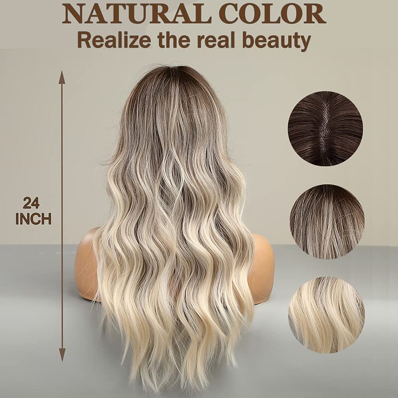 Long Wavy Ombre Brown to Blonde Wigs for Women Synthetic Hair Heat Resistant Ombre Wig for Daily Party Cosplay Use-24Inches barbiecore Wigs3