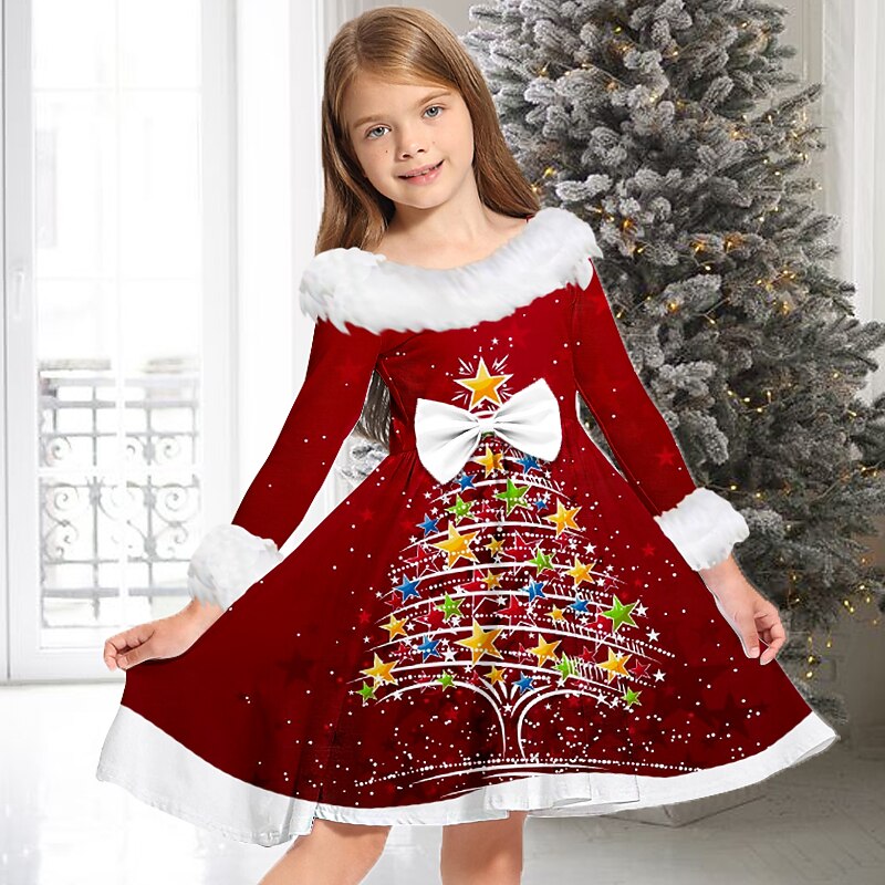 Kids Girls' Christmas Dress Dress Snowflake Dress Tree Christmas Bell Long Sleeve Casual Fur Trim Crewneck Adorable Daily Polyester Above Knee Casual Dress Swing Dress A Line Dress Fall Winter 2-134