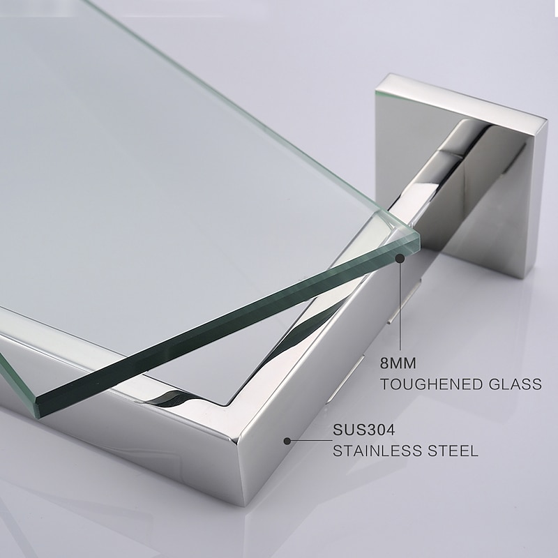 Bathroom Shelves Bathroom Tempered Glass Shelf, Sainless Steel Shower Wall Shelves No Drilling Towel Racks Rectangular 1 Tier Wall Mounted Mirror Front Shelf3