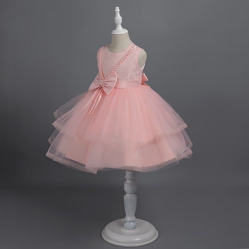 Toddler Girls' Party Dress Solid Color Sleeveless Performance Wedding Tie Knot Adorable Princess Polyester Knee-length Tulle Dress Summer Spring 3-7 Years Multicolor White Champagne2