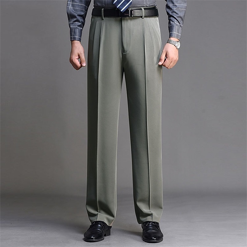Men's Dress Pants Trousers Casual Pants Pleated Pants Pocket Plain Comfort Warm Wedding Business Casual Retro Vintage Classic Gray Green Black+Grey High Waist Stretchy