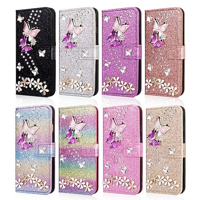Phone Case For Samsung Galaxy S25 S24 S23 S22 S21 FE S21 Ultra Plus A55 5G A35 5G A25 A15 Wallet Case Rhinestone Magnetic Glitter Shine Butterfly Glitter Shine PU Leather2