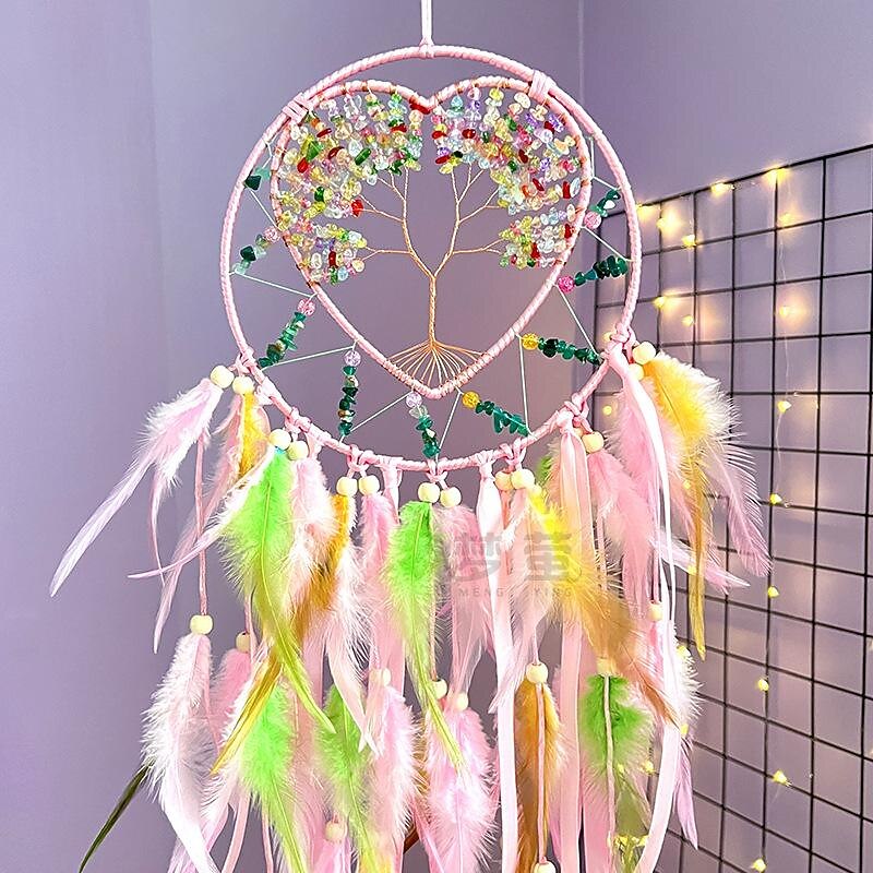 Heart Life of Tree Dream Catcher Handmade Gift with Pink Feathers Wall Hanging Decor Art Wind Chimes Boho Style Car Hanging Home Pendant 20x85cm/7.8''x33.4''3