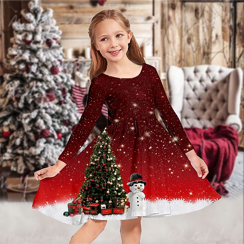 Kids Girls' Christmas Dress Dress Snowflake Dress Snowman Snowflake Long Sleeve Casual Crewneck Adorable Daily Polyester Above Knee Casual Dress Swing Dress A Line Dress Fall Winter 3-10 Years2