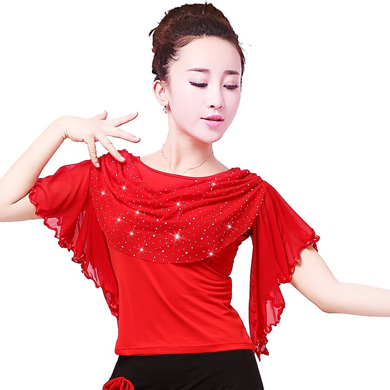 Latin Dance Ballroom Dance Sparkle Top Ruffles Pure Color Women's Performance Training Short Sleeve Polyester2