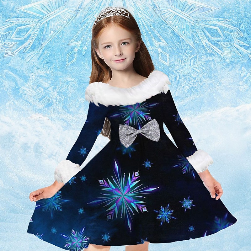 Kids Girls' Dress Snowflake Dress Snowflake Long Sleeve Casual Fur Trim Crewneck Adorable Daily Polyester Above Knee Casual Dress Swing Dress A Line Dress Fall Winter 2-13 Years Navy Blue Royal Blue - Main Image