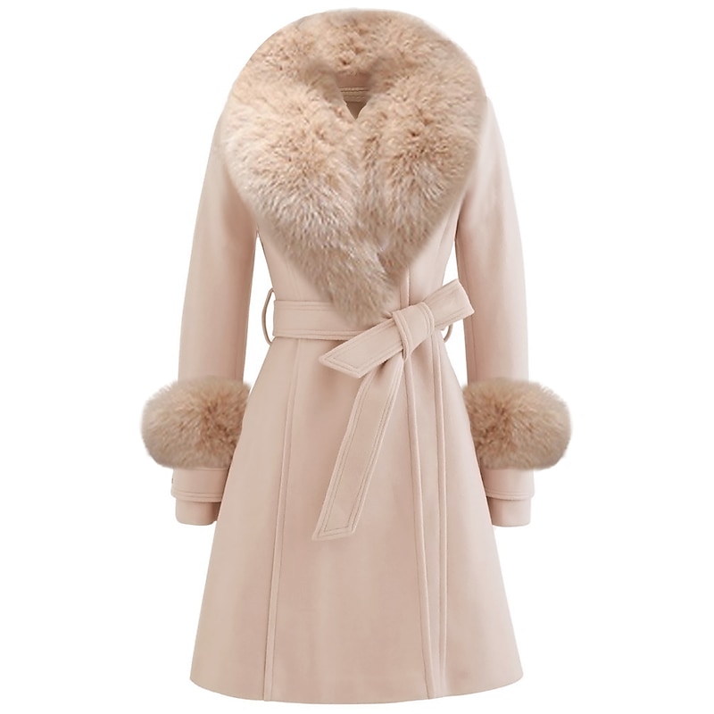 Women's Winter Coat Warm Comfortable With Belt Fur Collar Elegant Fashion Modern Street Style Solid Color Vacation Street Casual Daily Weekend Open Front Long Lapel Regular Fit Long Sleeve Outerwear