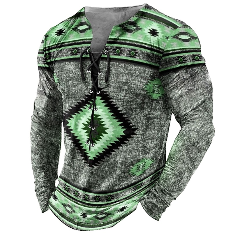 Men's T shirt Tee Tee Graphic Tribal Collar Black Light Green Pink Navy Blue Blue 3D Print Outdoor Street Long Sleeve Lace up Print Clothing Apparel Designer Stylish Vintage Basic4