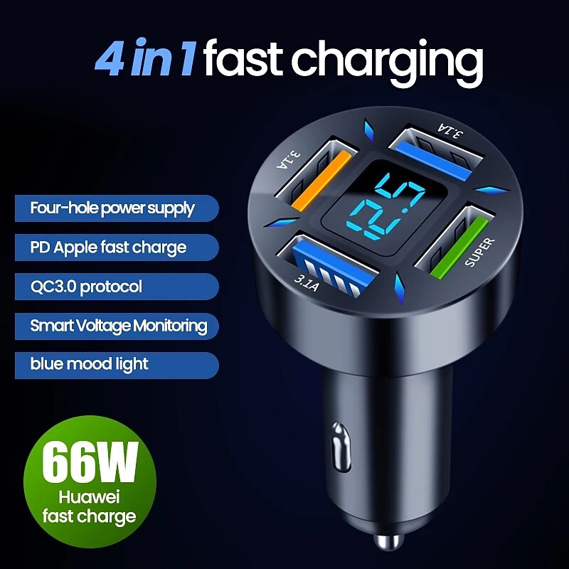 4 in 1 66W Car Charger Quick Charge Cigarette Lighter Adapter 4-Port USB AUSB C Fast Charging Phone Charger for iPhone Xiaomi Samsung2