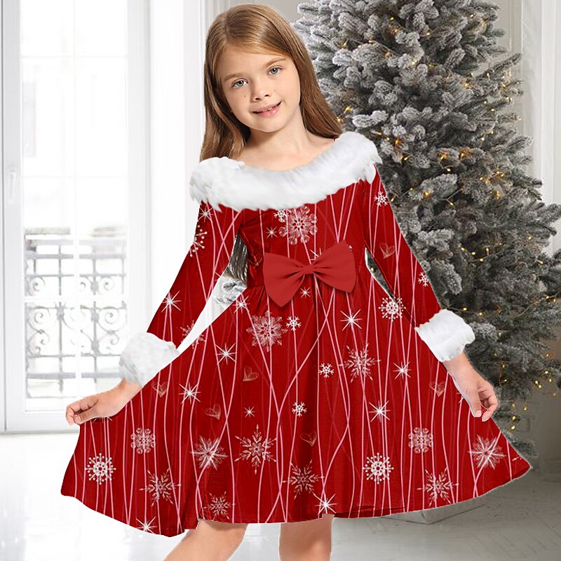 Kids Girls' Christmas Dress Dress Snowflake Dress Snowflake Long Sleeve Casual Fur Trim Crewneck Adorable Daily Polyester Above Knee Casual Dress Swing Dress A Line Dress Fall Winter 2-13 Years White3