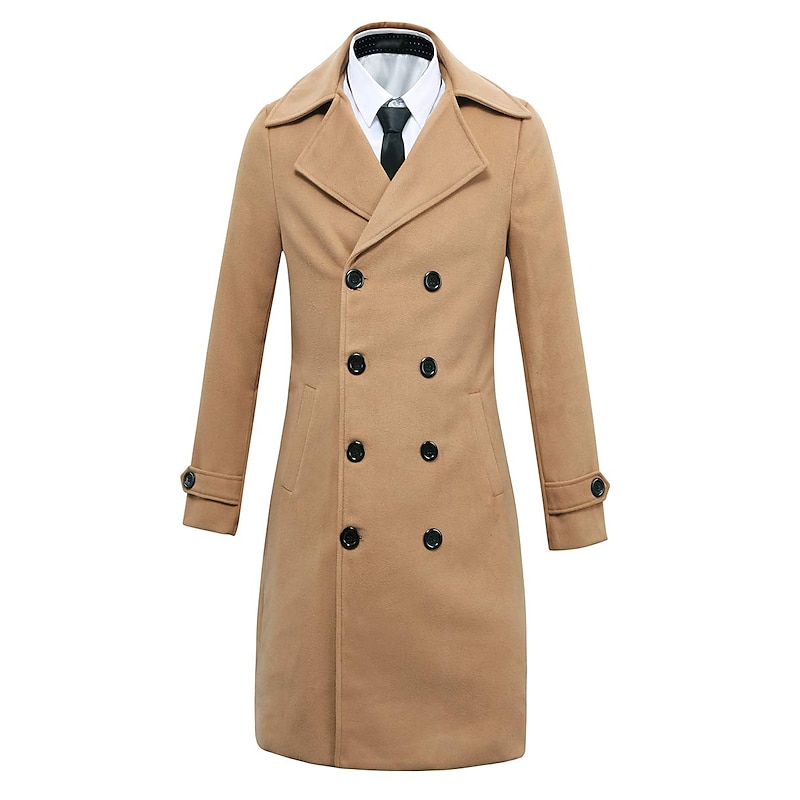 Men's Winter Coat Overcoat Peacoat Trench Coat Formal Business Winter 95% polyester 5% cotton Warm Outerwear Clothing Apparel Coats / Jackets Solid Color Vintage Style Notch lapel collar3