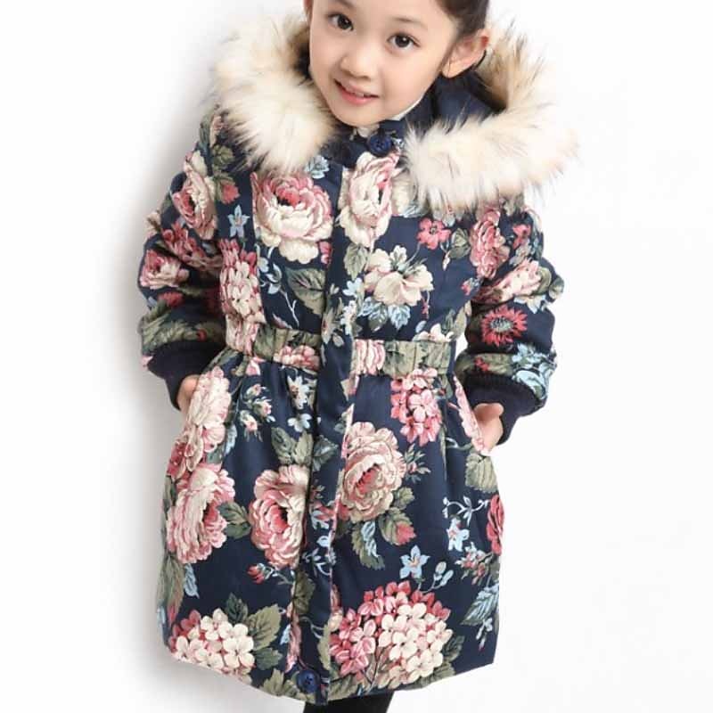 Kids Girls' Down Coat Floral Fashion Outdoor Cotton Coat Outerwear 3-12 Years Fall Navy Blue Beige4