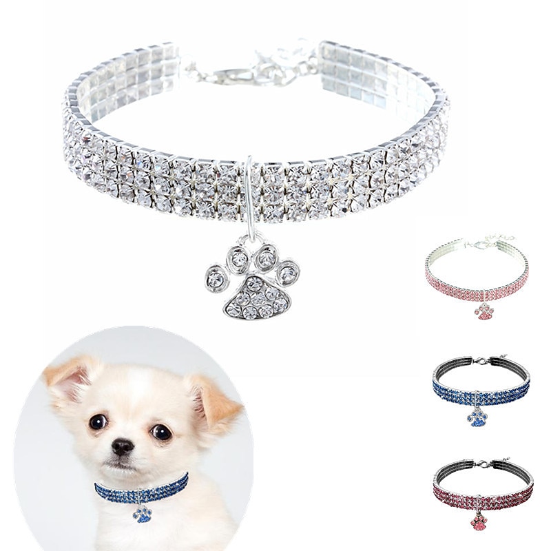 2 Pcs Dog Collars Chain for Small Medium Dogs Iced Out Crystal Stones Tennis Bling Collar Chain for Pet Puppy- Silver