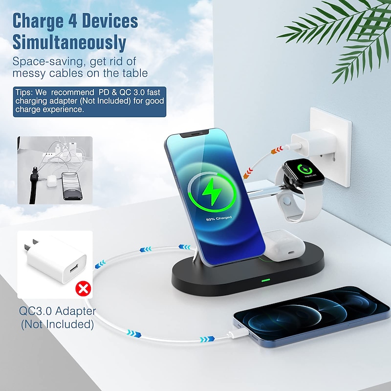 5 in 1 Magnetic Wireless Charger Stand, 15W Qi Fast Charging Dock Station Holder LED Night Light Compatible with Magsafe iPhone 15/14/13/12 Pro Max Mini, iWatch Ultra/SE/8/7/6/5/4/3/2, AirPods 3/2/Pro4
