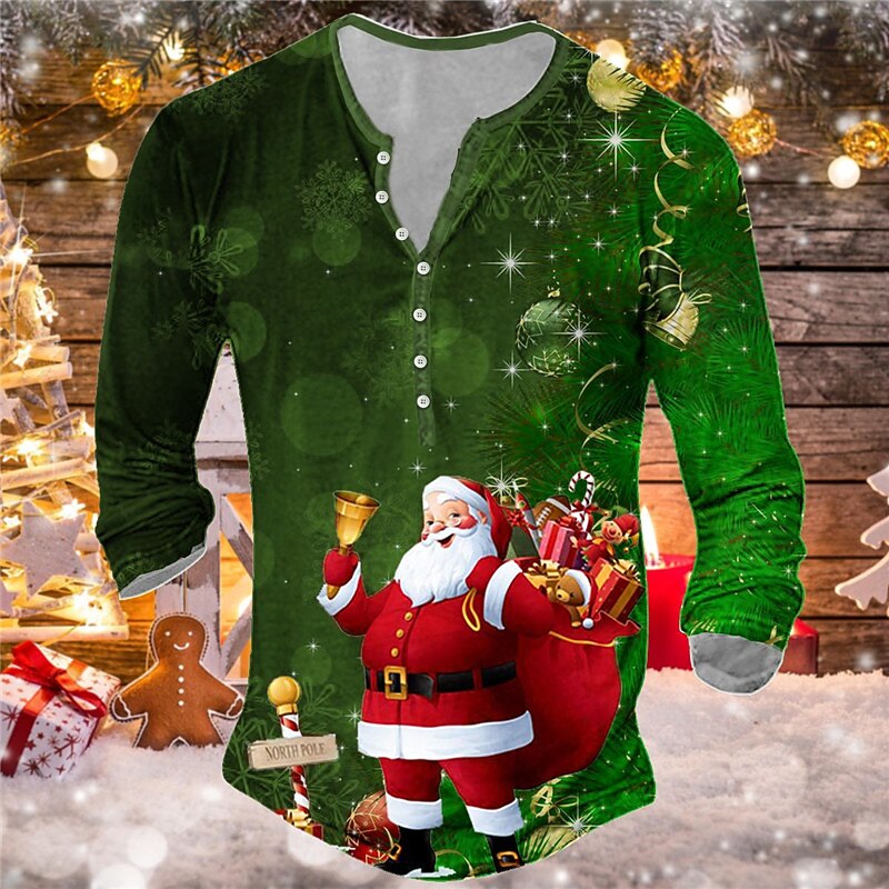 Christmas Men's Santa Claus Henley T Shirt Tee Sports Designer Basic Santa Claus Graphic Prints Long Sleeve Black Red Blue Outdoor Street Crew Neck Spring &  Fall Clothing Apparel 3D Print4