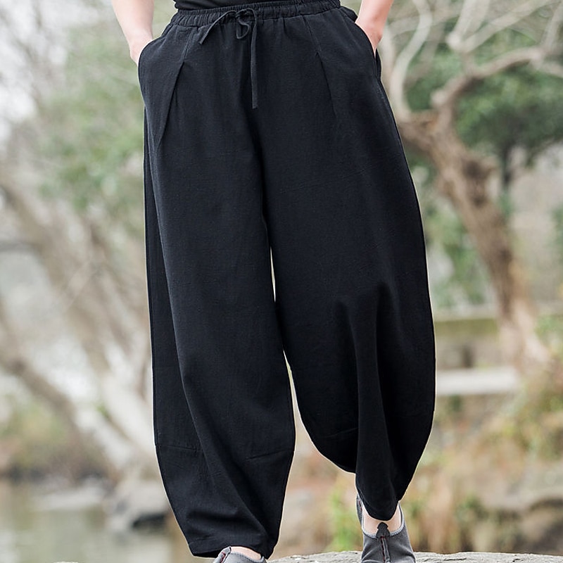 Men's Linen Pants Trousers Summer Pants Bloomers Baggy Pants Pocket Elastic Waist Plain Breathable Casual Daily Streetwear Ethnic Style Black Navy Blue Inelastic3