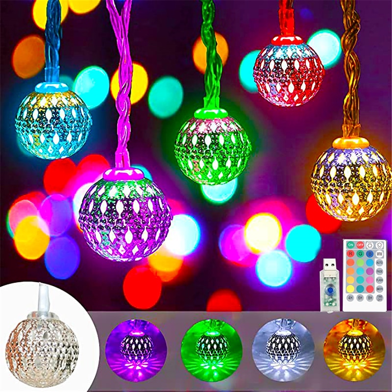 10M Light String Iron Morocco Ball Lamp Fairy Globe Lamp 16 Color Change Switching Remote Control Christmas Holiday Lights Creative Party Holiday  Dimming Timing  USB Power Supply   1 set
